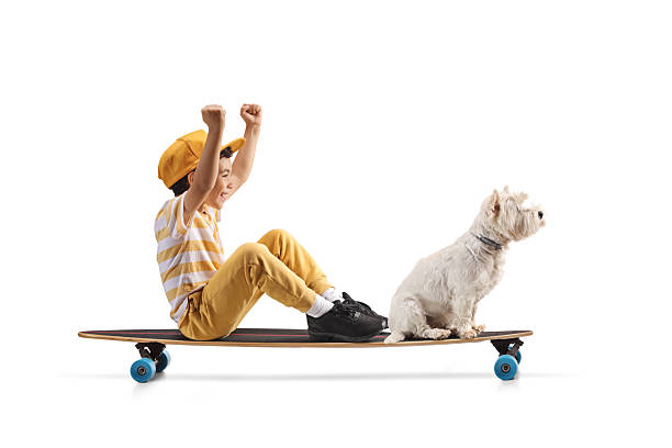 istock Happy boy with a dog sitting and riding on a longboard 2218283855