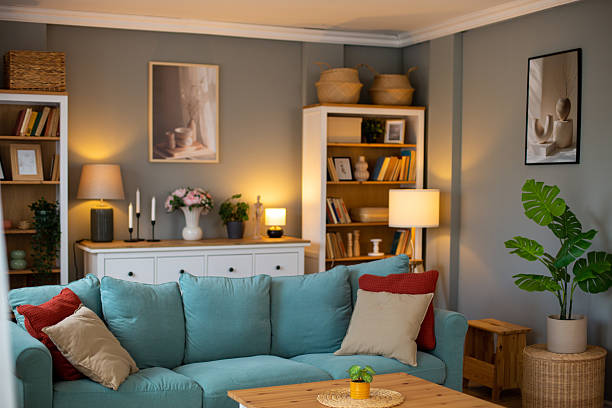 istock Modern living room interior with comfortable sofa and bookshelves 2218285437