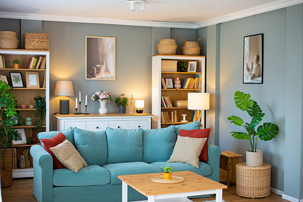 istock Modern living room interior design with sofa, bookcases, and decorations 2218285732