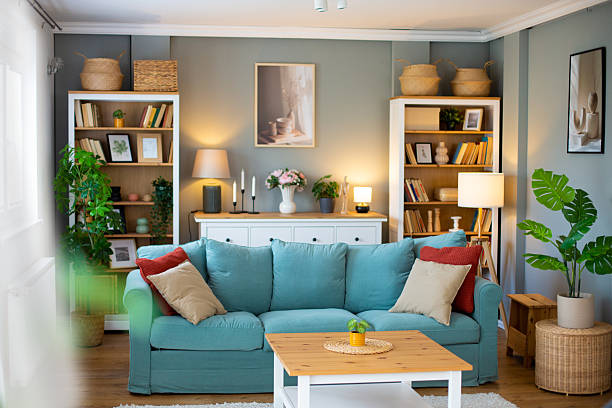 istock Modern living room interior design with sofa and bookshelves 2218285759