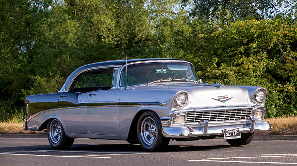 Milton Keynes,Bucks,UK - June 1st 2025:  1956 Chevrolet Bel Air car driving on a British road