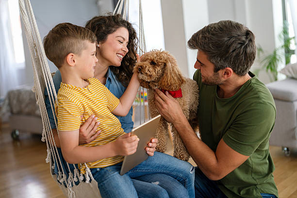 istock Parents with kid having fun online with application watching video cartoon or playing game on tablet 2218292952