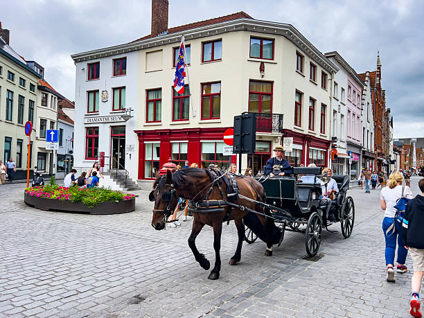 Bruges, Belgium - July 21, 2024: Phaetons (horse carriage) of Bruges. Bruges is an old medieval city, also notable for its touristic horse drawn carriages driven by female drivers.