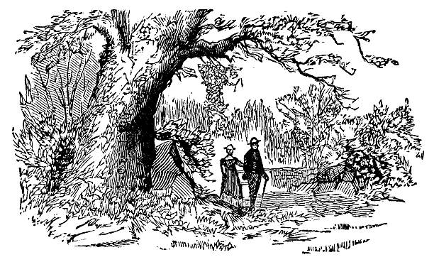 A man and woman taking a leisure walk through a forest. Vintage etching circa 19th century.