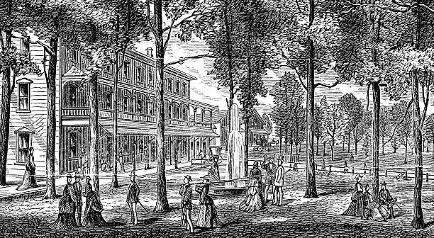 A Victorian era city scene with men and women socializing in a public park. Vintage etching circa 19th century.