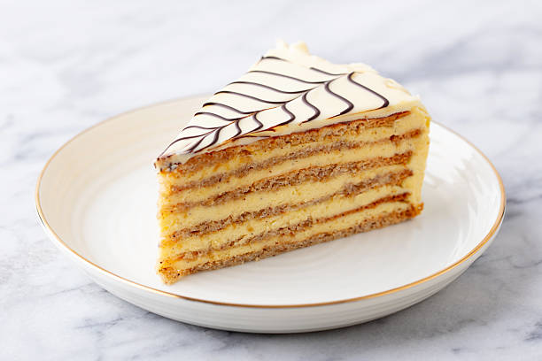 istock Esterhazy cake on a white plate. Marble background. Close up. 2218308633