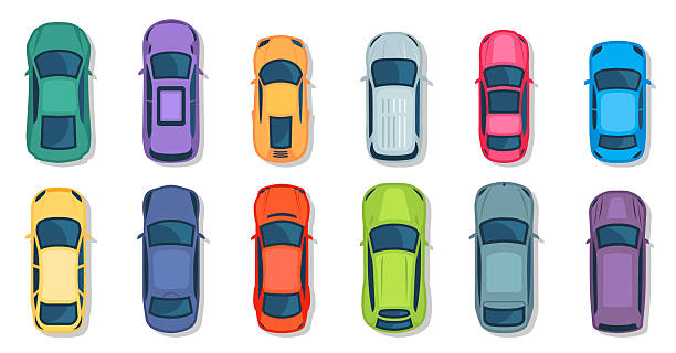 Cars set, top view. Cartoon transport with shadows.