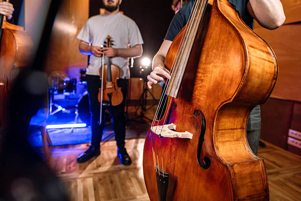 Shot of live performance on a double bass. Only the hand of the bassplayer is visable.