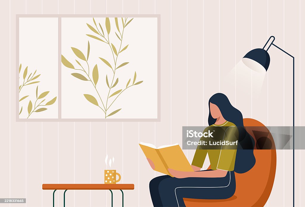 Woman Relaxing and Reading in a Calm Home Environment – Mindfulness and Digital Detox Concept A young woman sits comfortably in a cozy home setting, deeply immersed in reading. This tranquil scene embodies mindfulness and the benefits of a digital detox, offering a serene and peaceful atmosphere that encourages focus, learning, and relaxation. Ideal for illustrating themes of wellness, self-care, and conscious living. Relaxation stock vector Woman Relaxing and Reading in a Calm Home Environment – Mindfulness and Digital Detox Concept A young woman sits comfortably in a cozy home setting, deeply immersed in reading. This tranquil scene embodies mindfulness and the benefits of a digital detox, offering a serene and peaceful atmosphere that encourages focus, learning, and relaxation. Ideal for illustrating themes of wellness, self-care, and conscious living. Relaxation stock vector