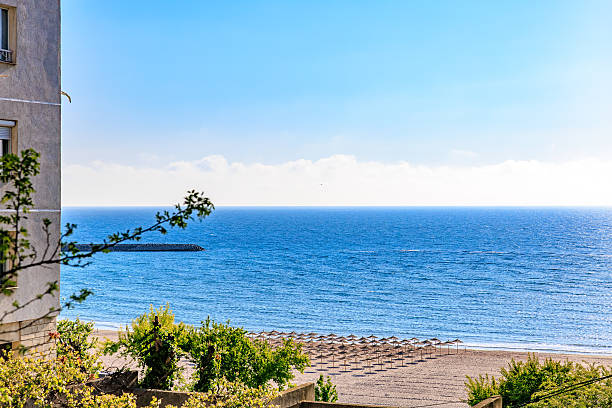 istock Serene beachfront with umbrellas and clear blue sky 2218334206