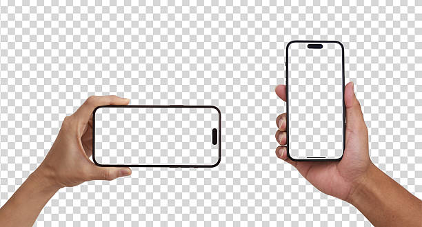 istock Hand holding Smartphone frameless mockup. Studio shot template on transparent background for Infographic web site design app advertise 2218335335