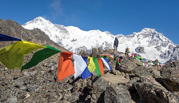 Mount Cho Oyu as seen from Gokyo Ri peak with prayer flags and hiker or tourist, Everest area, Sagarmatha national park, Gokyo valley, Khumbu valley, Nepal Himalayas mountains