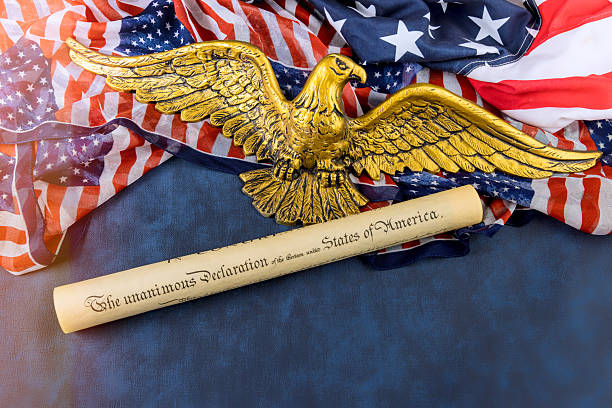 istock National pride showcases Declaration of Independence with an eagle emblem, American flags 2218346464