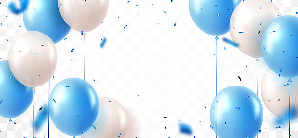 istock Elegant blue white balloons and party confetti ribbon 2218352986