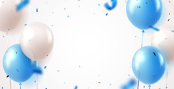 istock Elegant blue white balloons and party confetti ribbon 2218353000