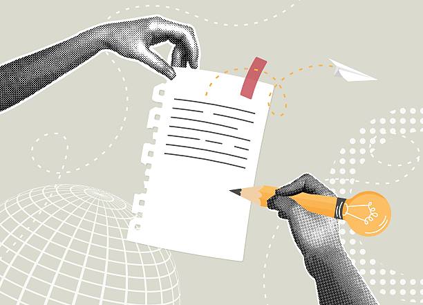 Trendy collage of halftone images. Documenting and sharing creative ideas. The concept of writing a note, memo, information, article, or new idea. Vector illustration