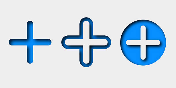 icon-set mit papierschnitt hinzufügen oder mit einem pluszeichen versehen stil - plus zeichen stock-grafiken, -clipart, -cartoons und -symbole