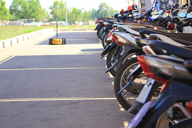 Closeup wheel tires of parked motorcycles in city, background with copy space, full frame horizontal composition