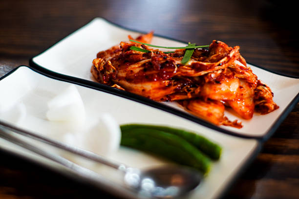 Close-up of vibrant red kimchi, a traditional Korean side dish
