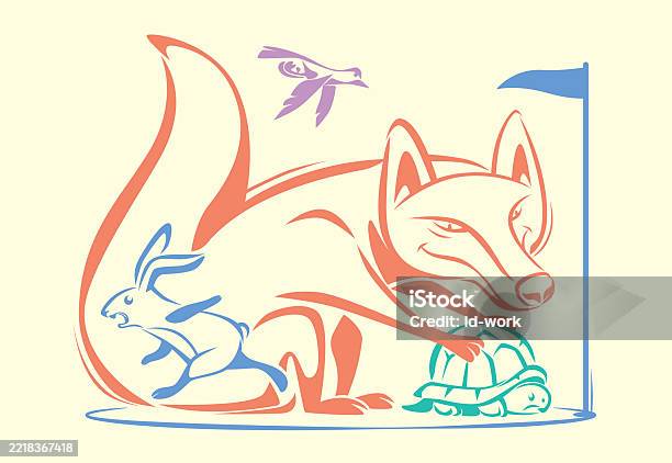 Fox Cathcing Rabbit Rabbit Running Away While Fox Catching Tortoise Stock Illustration ...