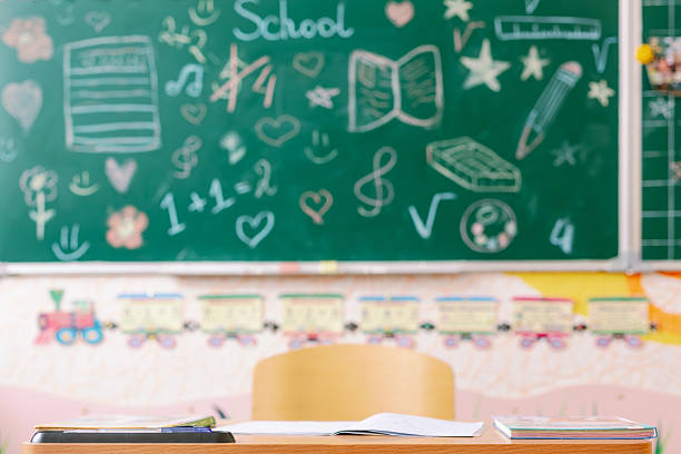 Close-up of a school desk with open books in a colorful classroom, featuring playful chalkboard drawings and educational wall decorations.