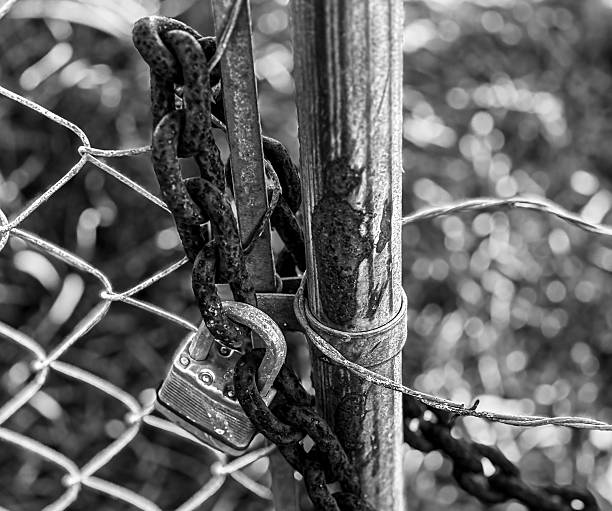 Rusty Chain Lock on Old Fence Gate-Symbol of Abandonment and Security.