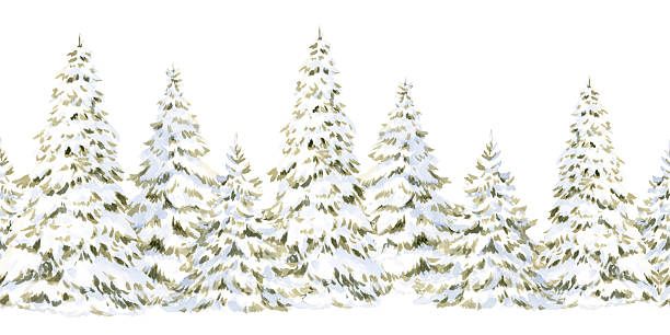 Fir forest with Christmas trees in snow watercolor seamless border isolated on white. Hand drawn winter banner for Happy New Year cards and greeting designs. Simple snowy horizontal landscape clipart