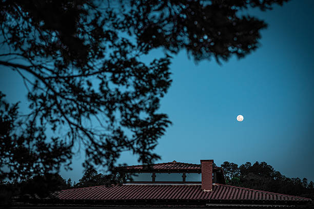 A quiet evening sky in Brazil features the full moon rising over a house with a red tile roof and brick chimney. The blue hour light casts a serene tone over the scene, while silhouetted tree branches frame the composition in the foreground.