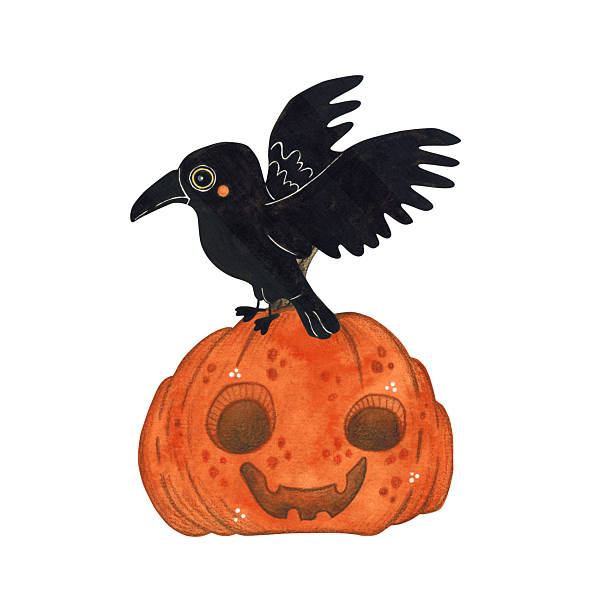 istock Black raven sits with spread wings on a festive pumpkin 2218377863
