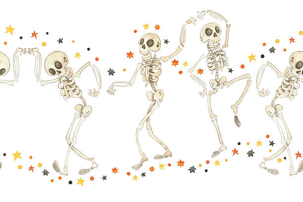 istock Seamless border with dancing skeletons among black and orange stars 2218378234