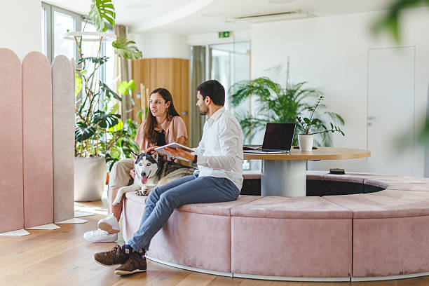 istock Diverse Professionals Working In Pet-Friendly Modern Office With Indoor Plants And Pink Seating 2218384970