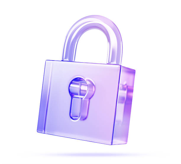 3d glass holographic transparent padlock icon render. Crystal lock with blue purple gradient and keyhole for web or ui design. Data security symbol, privacy password sign, firewall
