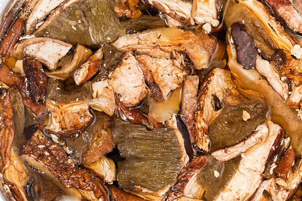 Dried slices of the brown caps and stems of Boletus edulis soaked in a cold water for the following preparation, top view close-up