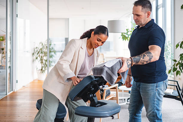 istock Young Hispanic Businesswoman Preparing for Relaxing Office Massage in Bright Modern Workspace 2218387566
