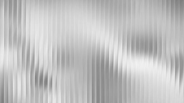 istock Ribbed metal glass background with striped texture and silver gradient. Corrugated abstract panel with chrome sheet and fluid steel effect. Transparent wall with pearlescent glow. 2218390481
