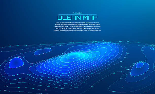 stockillustraties, clipart, cartoons en iconen met 3d ocean map nautical sea chart line background pattern. radar sonar digital marine depth grid topology gps 3d wireframe submarine. scientific bathymetry oceanography elevation data analysis. - onderzeeër