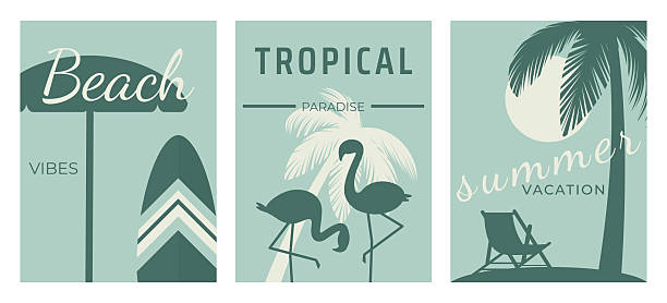 Tropical summer vibes posters set, monochrome retro style design