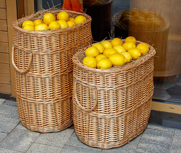 Close-up of ripe yellow lemons in a round rustic bowl under natural light.
