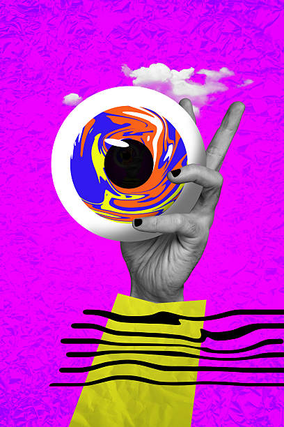 Vertical composite collage image picture of black white colors arm hold eyeball isolated on creative background