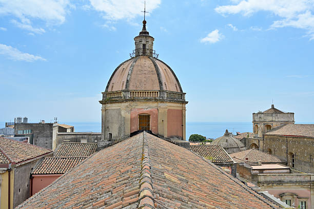 Acireale, Sicily, Italy - 11.May 2025 - High angel view from the tower of the cathedral in the historical old town center.