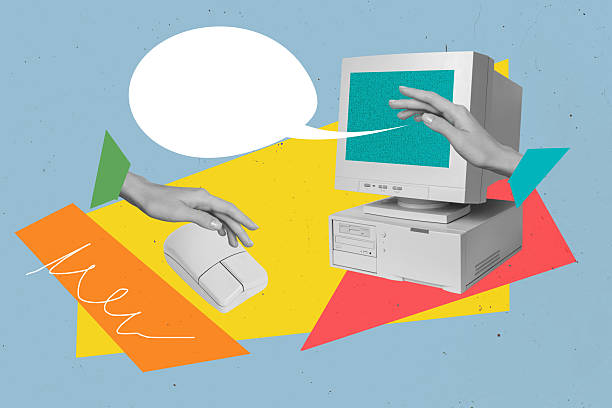 istock Photo collage trend artwork image of workspace office manager computer retro vintage hands appear hold textbox cloud bubble mouse click 2218399821
