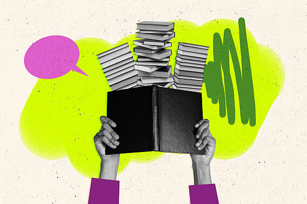 istock Composite trend artwork sketch image photo collage of speech bubble textbox mind cloud message hand hold huge book read pile library 2218399904