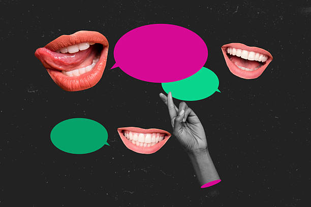 istock Creative collage woman face fragment communication smile teeth speech say tell opinion share 3d hand crossed fingers drawing background 2218399984