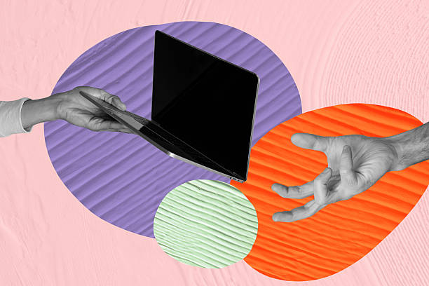 istock Trend artwork image composite photo collage of workspace arm hand hold give take computer laptop display office workplace technology 2218400409