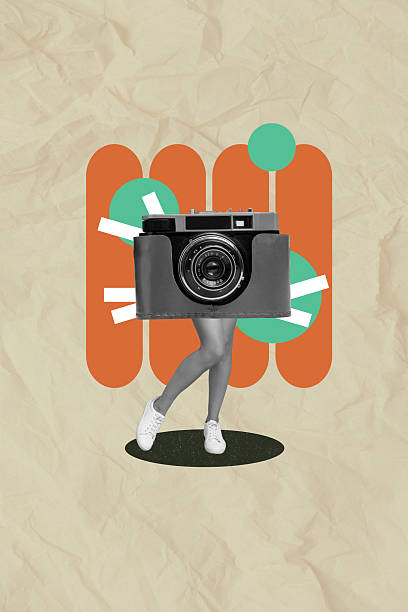 istock Creative abstract template graphics collage image of retro camera instead lady body isolated beige color background 2218400439