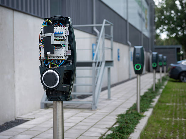 electric vehicle charging station with open panel