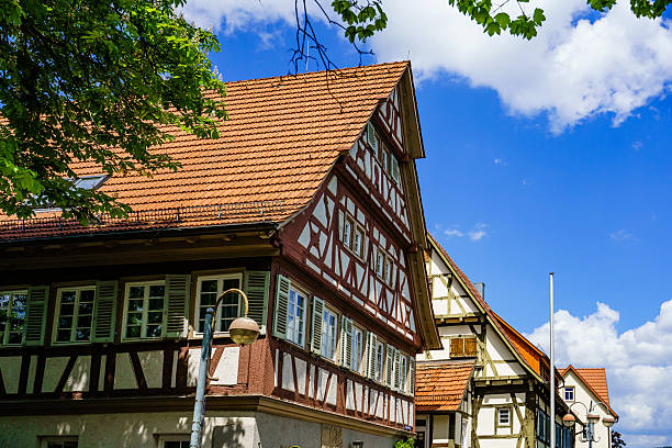 Street architecture in the small historical city of Endersbach by Stuttgart, Baden-Wuerttemberg, Germany. Fachwerk houses, German culture and construction traditions