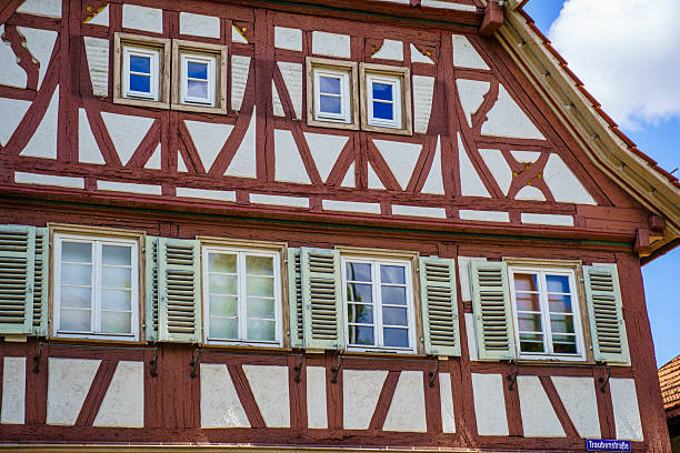 Street architecture in the small historical city of Endersbach by Stuttgart, Baden-Württemberg, Germany. Fachwerk houses, German culture and construction traditions