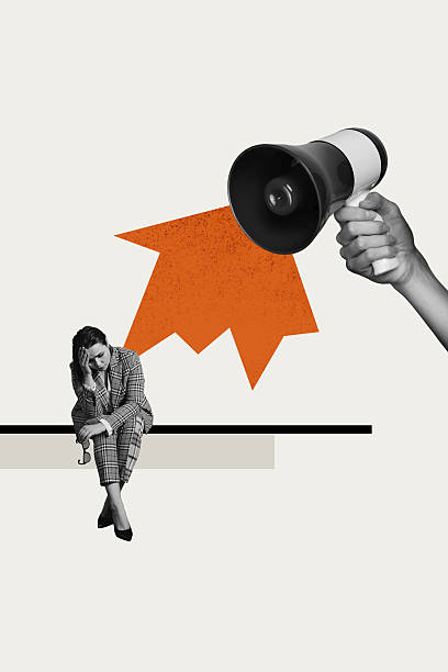 istock Vertical photo collage picture depressed overwhelmed woman worker loudspeaker boss command tired anxiety apathy drawing background 2218408913