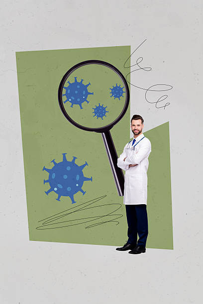 istock Vertical collage image smiling handsome doctor investigate explore research virus bacteria covid19 enlarge glass laboratory 2218409459